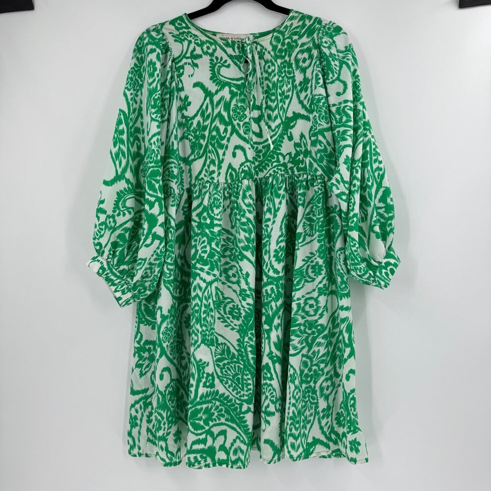 Emma & Michele Green & White Boho Maxi Dress W/ Tie Neck & Long Sleeves Size M